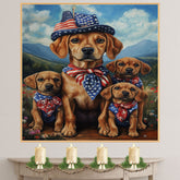 Patriotic Plott Hound Dog Family in American Flag Bandanas and Hats Celebrating Independence Day in Scenic Mountains on Ready to Hang 1.5" Thick Canvas Wrap, Floating Framed Canvas, Flat Rolled Canvas